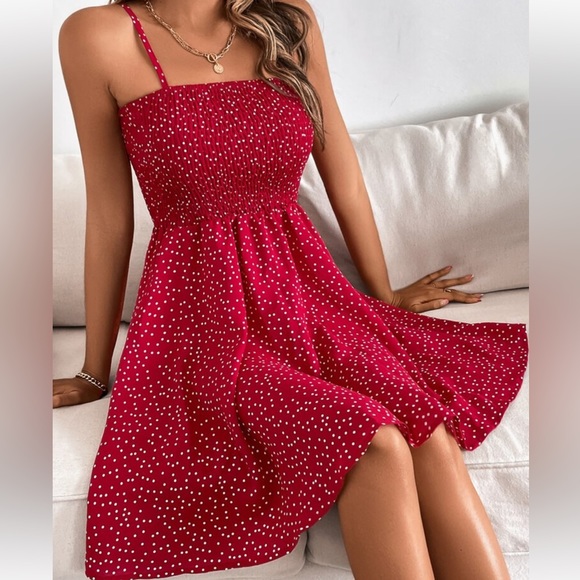 Boho Polka Dot Smocked Waist Cami Top Dress Red - Picture 4 of 15